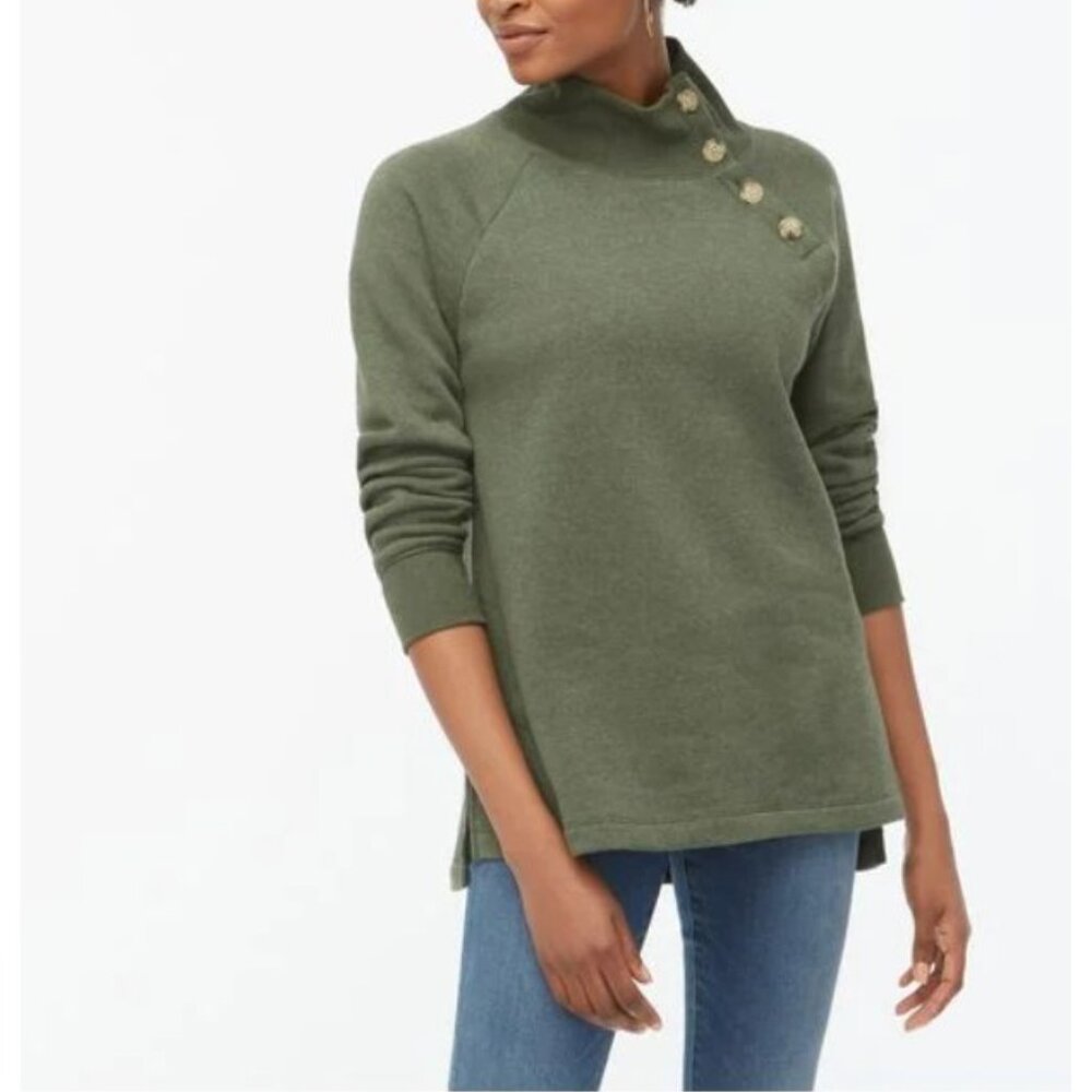 NWT J. Crew Cloudspun Fleece Button Collar Olive Green  Tunic Sweatshirt Large